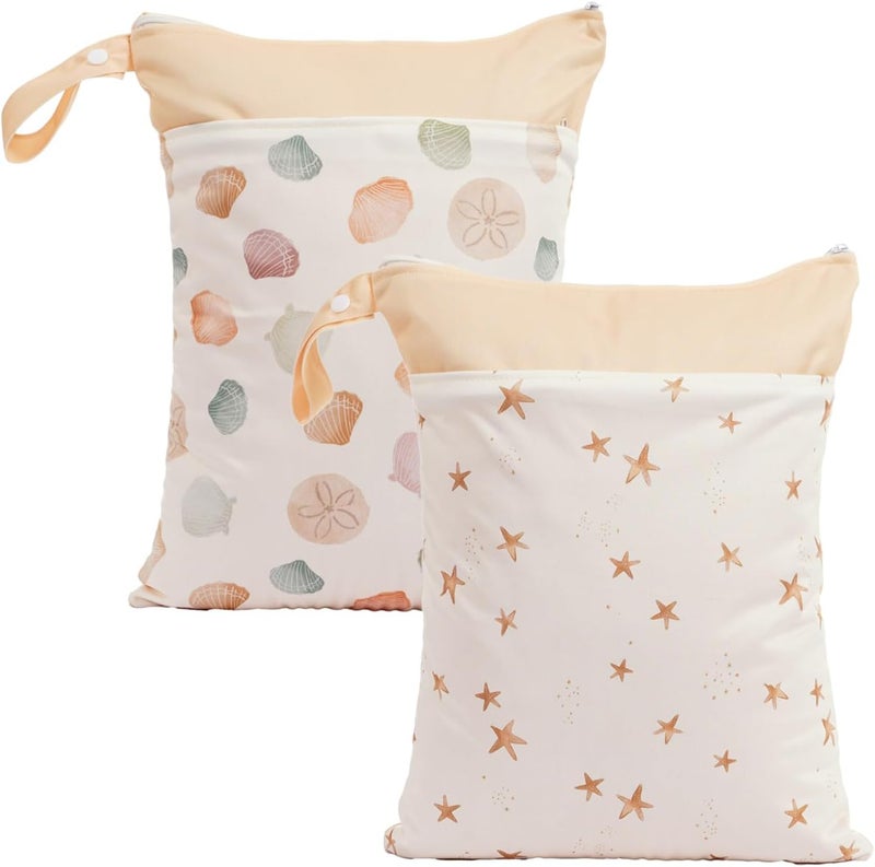 CoolaPeach 2pcs Wet Bags Waterproof Reusable Wet Dry Bag with Two Zippered Pockets Travel Beach Pool Daycare Yoga Gym Bag for Baby Cloth Diaper,Swimsuits,Wet Clothes (Shells & Starfish) - Image 1